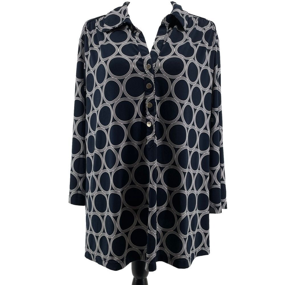 Alfani Top Women's 3X Plus Navy Tunic Arsty Geometric Nautical‎ Button V-Neck